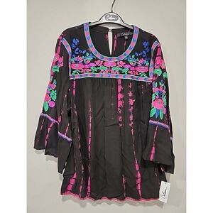 Calessa NWT Women's 2xl Black Embroidered Long Sleeve Tunic Top Boho